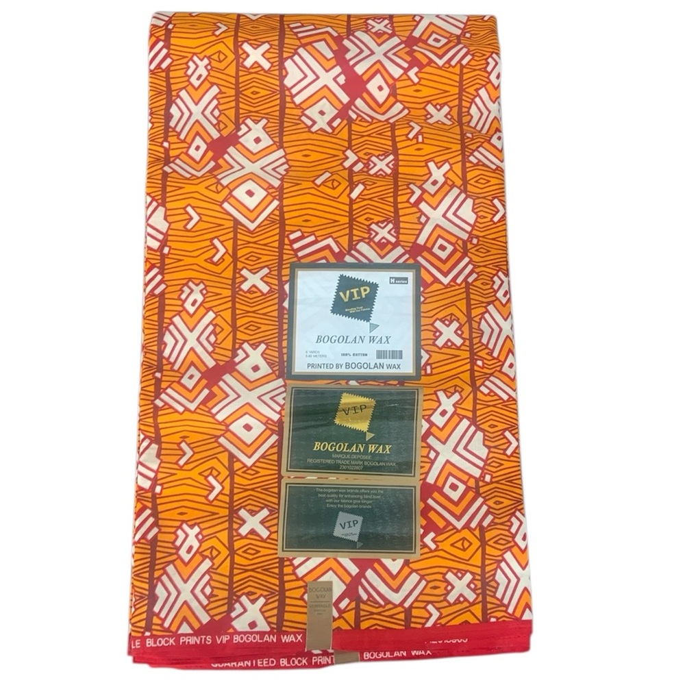 VIP NWT Orange, Red & White 100% Cotton Bogolan Wax Fabric